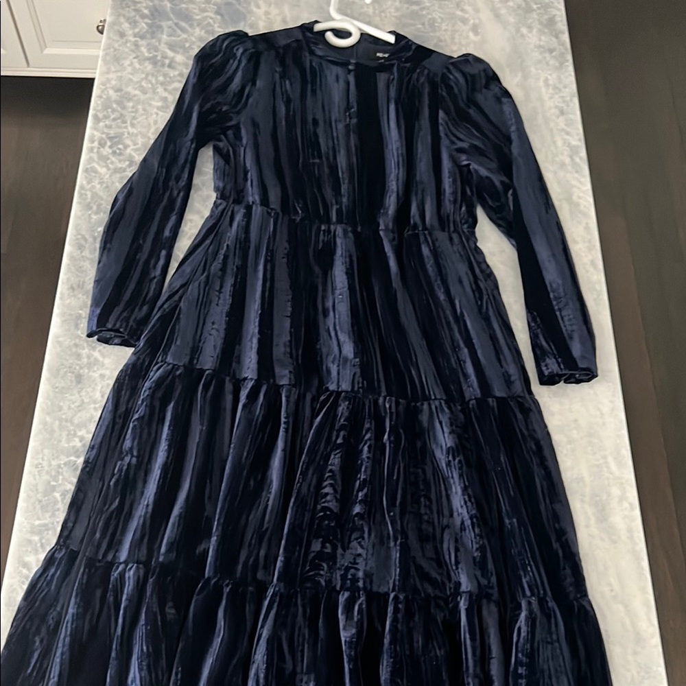 Me+Em Crushed Velvet Navy Blue Long Sleeve Dress
